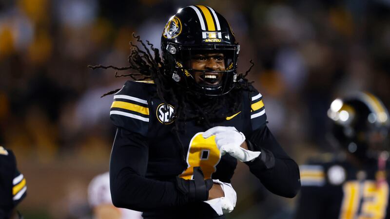 FILE - Missouri linebacker Ty'Ron Hopper reacts during an NCAA football game on Saturday, Oct....